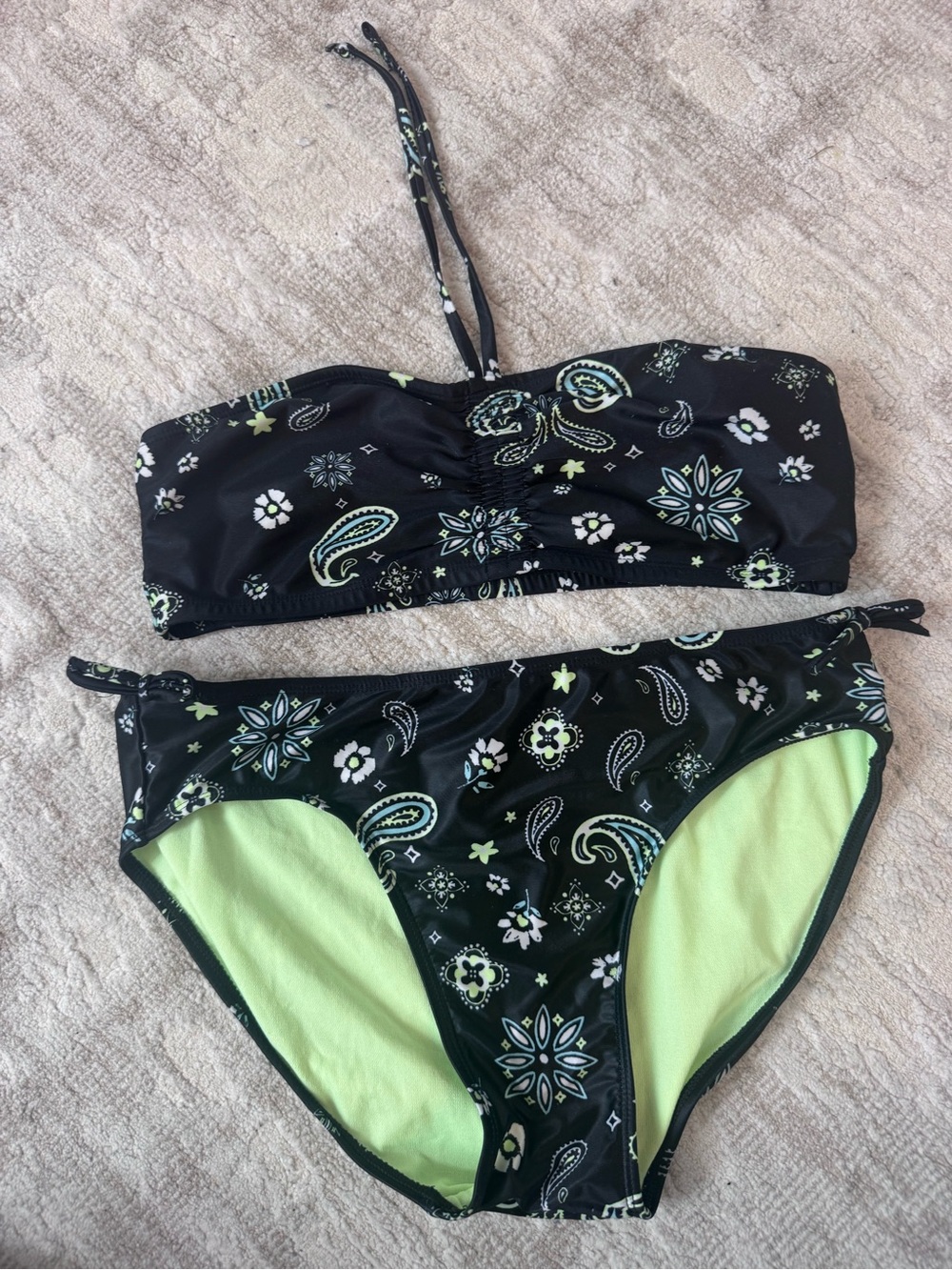 Girls' Black Paisley Bandeau Bikini with Lime Lining